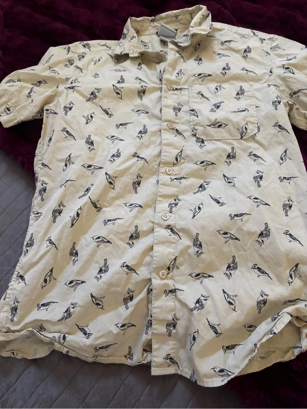 North Face Cream Short-Sleeve Button-Up Shirt with Black Bird Print worn once